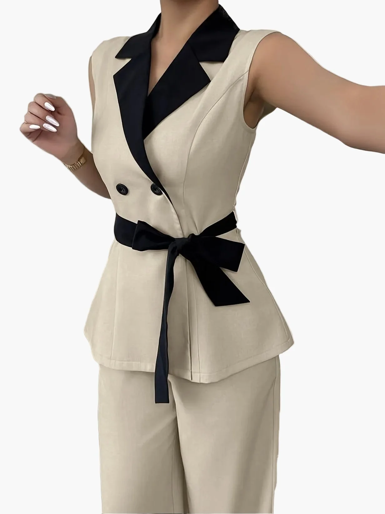 Ensemble pantalon tailleur sans manches style chic pour femme – Costume élégant de bureau ou sortie - Image 5