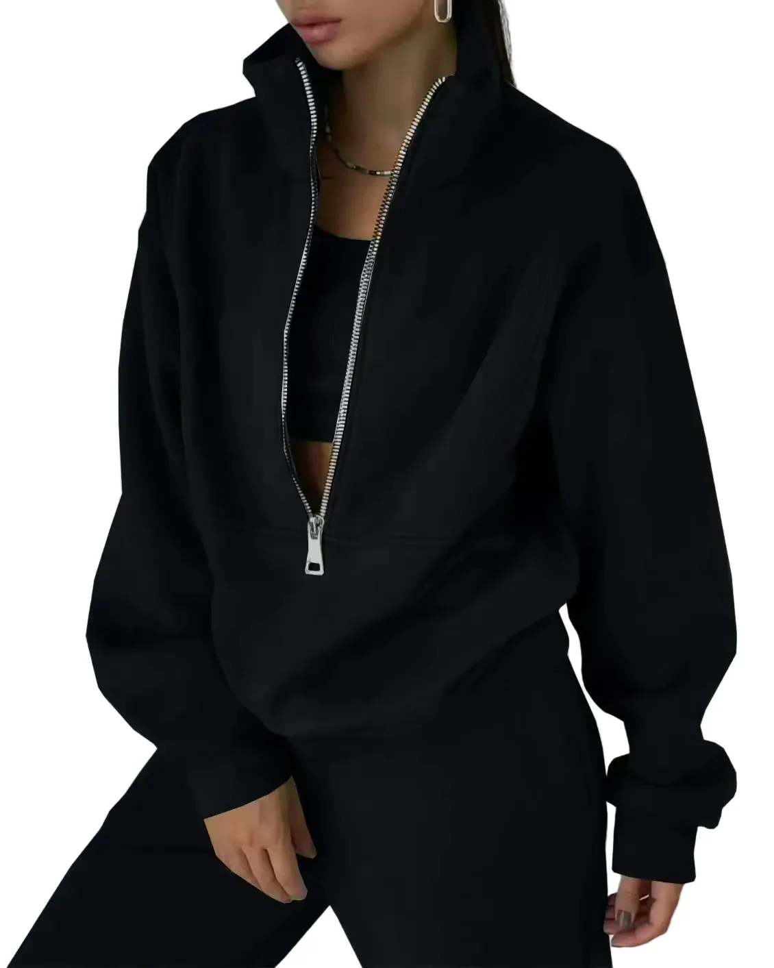 Ensemble Survêtement Femme Style Urbain Décontracté avec Col Zippé - Image 2