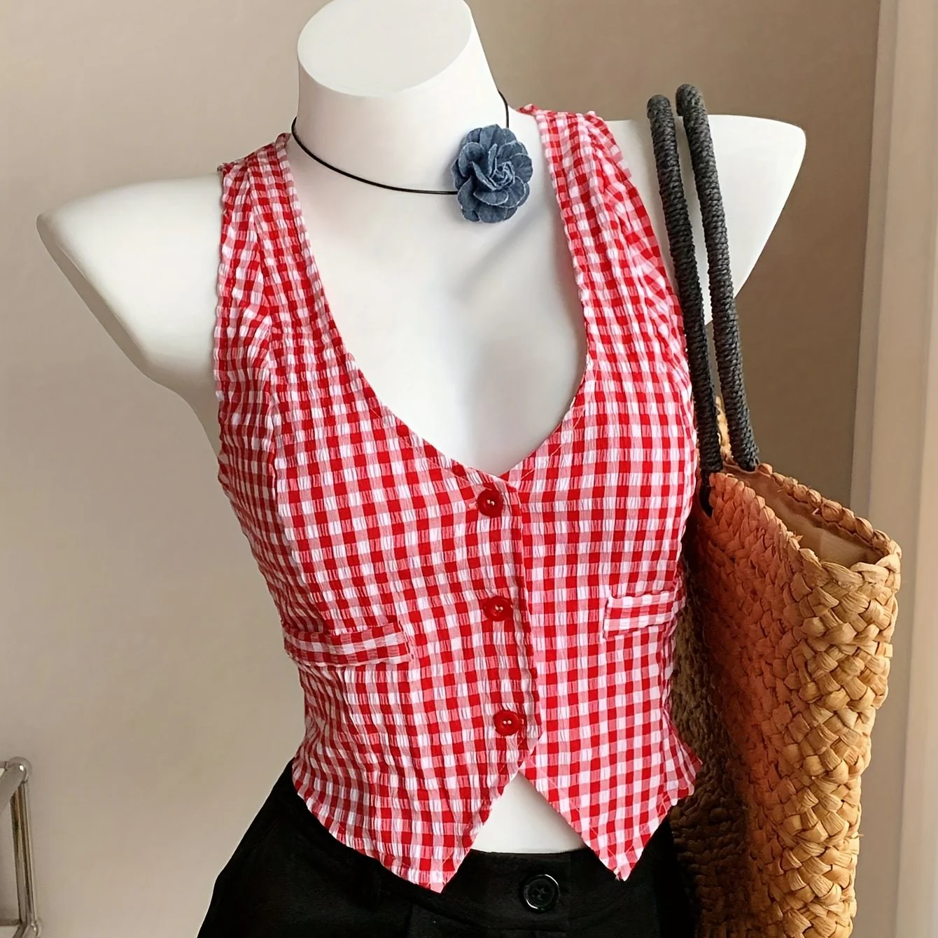 Gilet court à carreaux style élégant pour femme – Idéal printemps/été, sans manches, coupe ajustée - Image 7