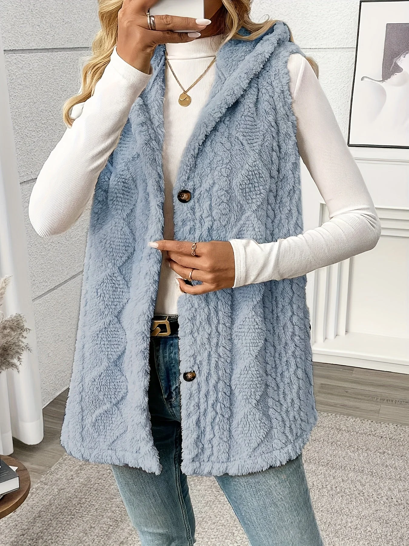Gilet sans manches à capuche style torsadé pour femme, élégant et décontracté - Image 3