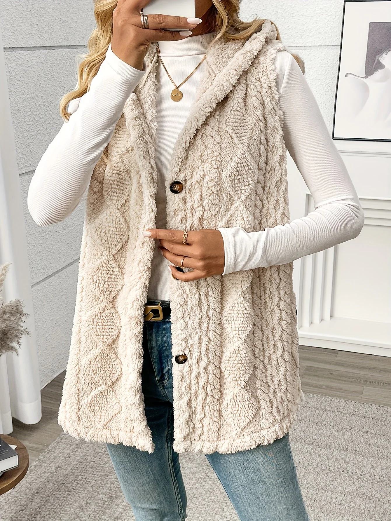 Gilet sans manches à capuche style torsadé pour femme, élégant et décontracté - Image 6
