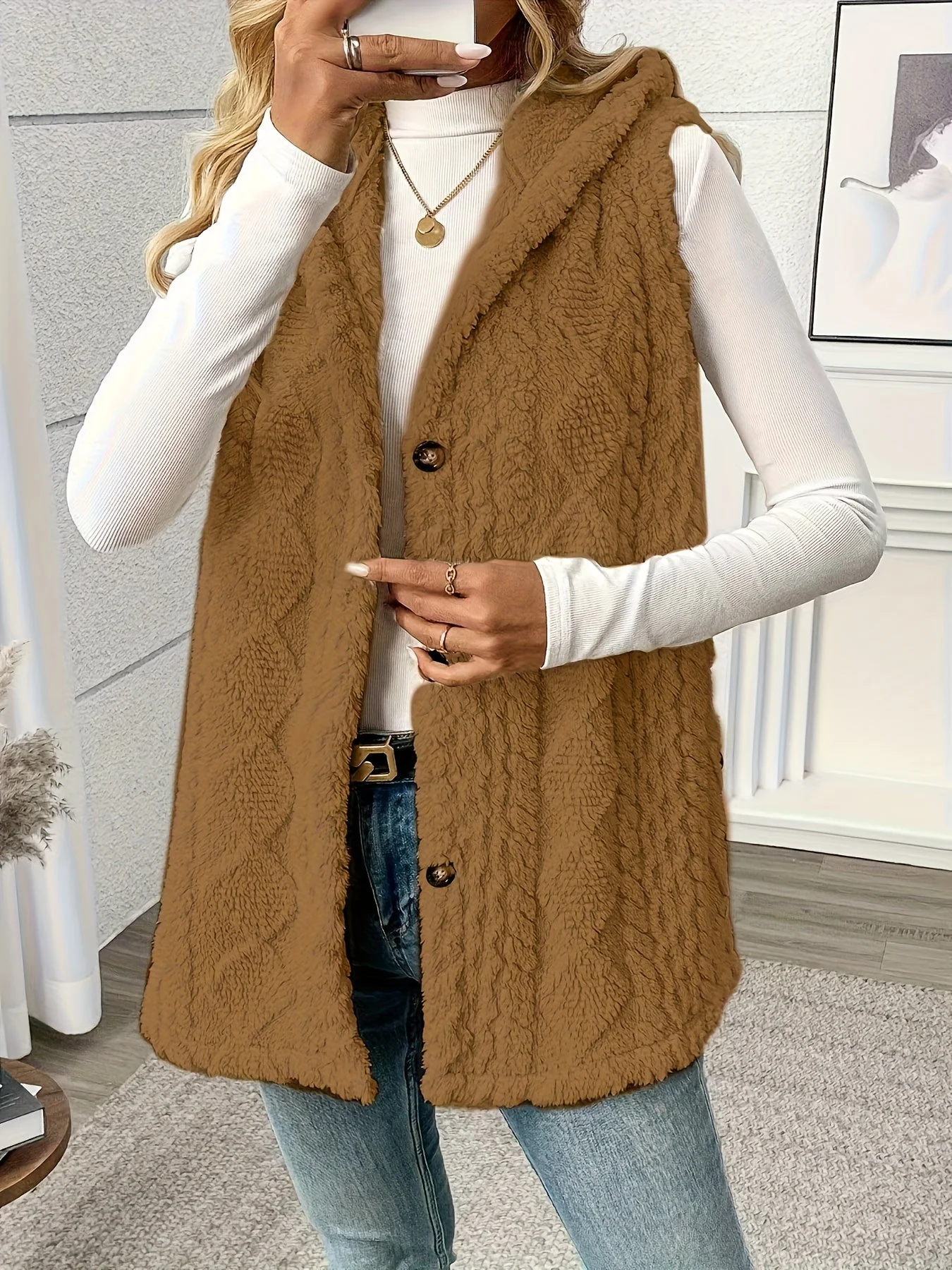 Gilet sans manches à capuche style torsadé pour femme, élégant et décontracté - Image 8