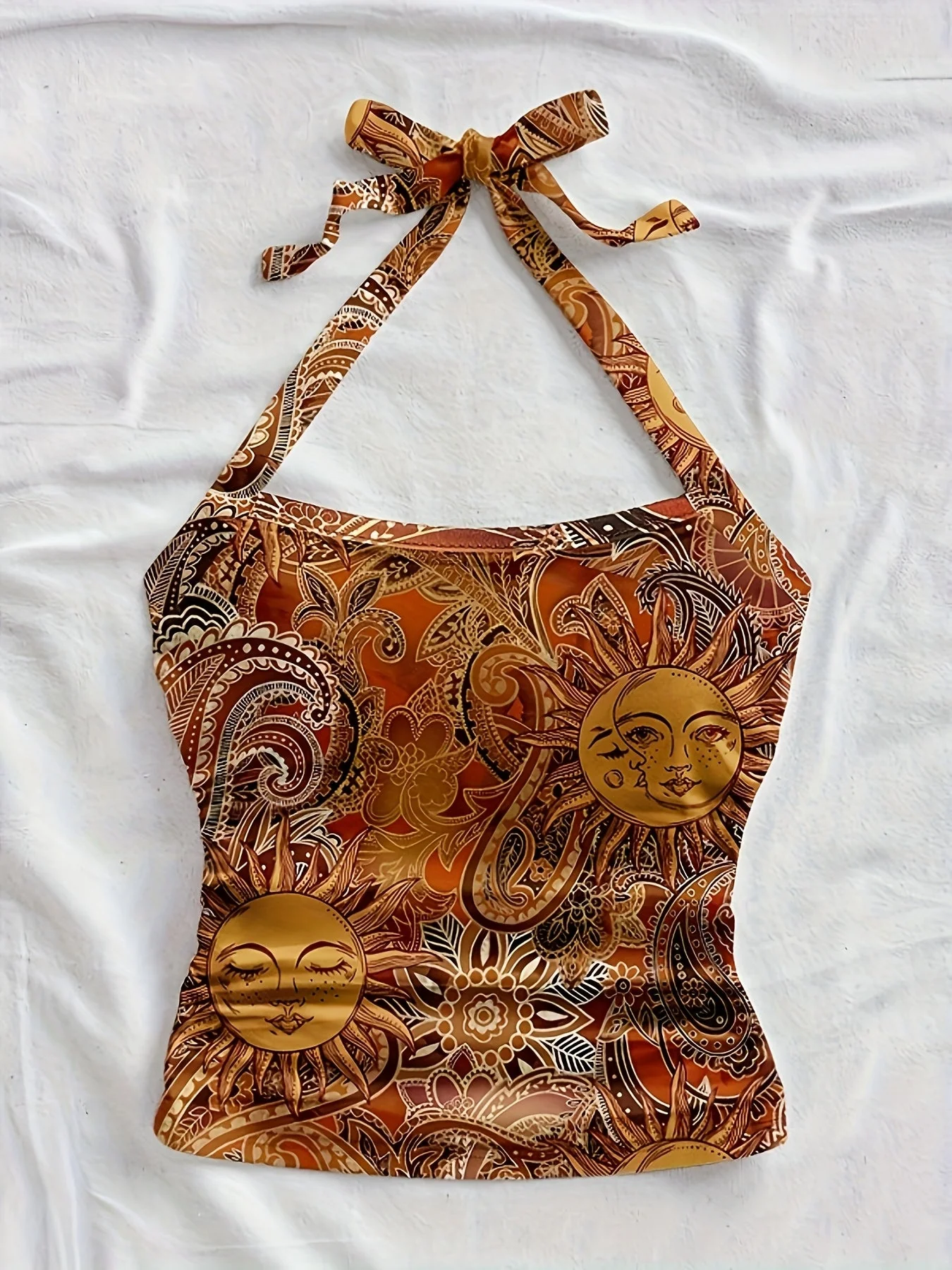 Haut dos nu femme style vintage bohème imprimé soleil et lune pour été - Image 4