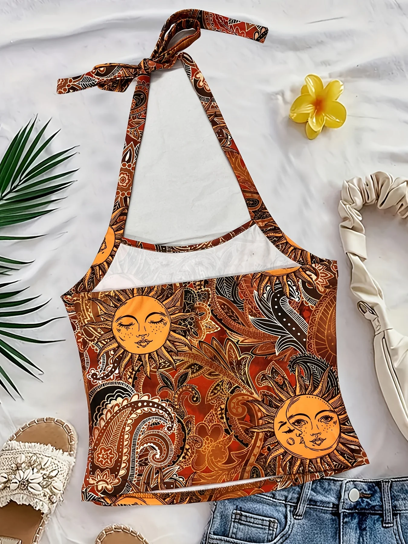 Haut dos nu femme style vintage bohème imprimé soleil et lune pour été - Image 5