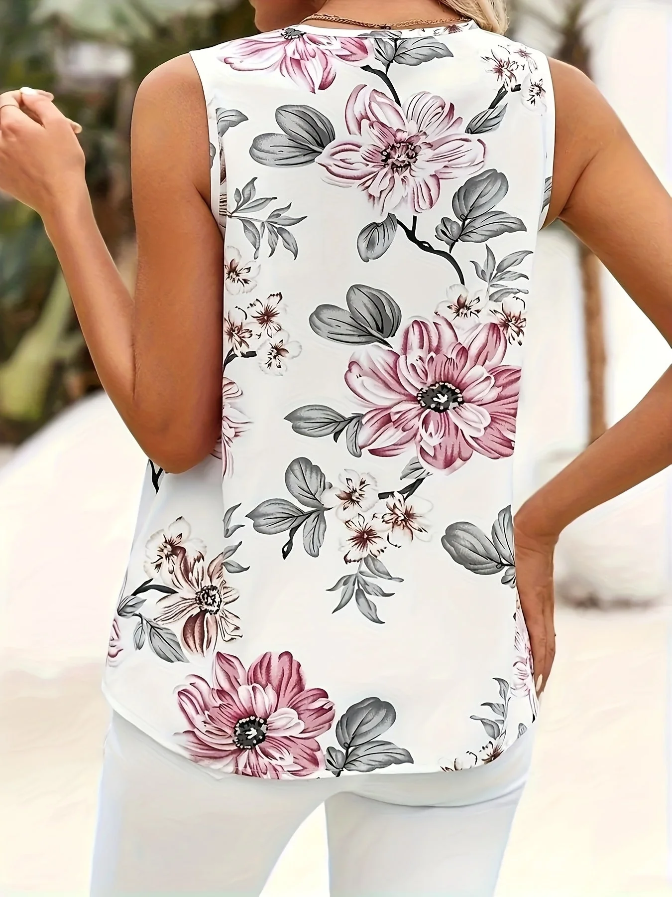 Haut femme élégant sans manches à col en V style chemisier fleuri pour l'été - Image 2