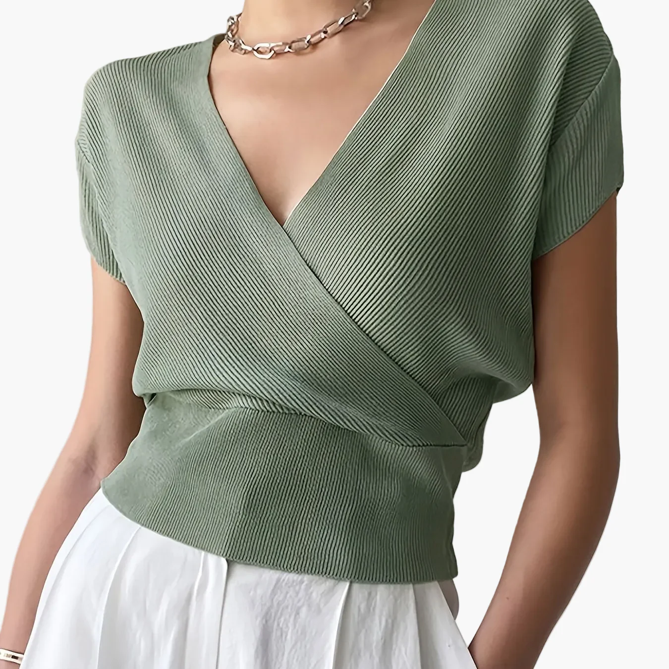 Haut femme style cache-cœur décontracté col en V manches courtes pour tous les jours - Image 12