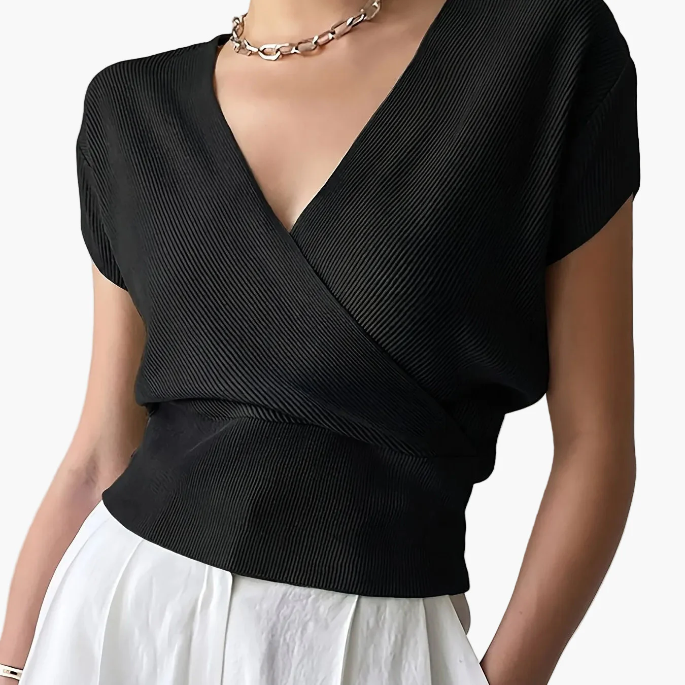 Haut femme style cache-cœur décontracté col en V manches courtes pour tous les jours - Image 17