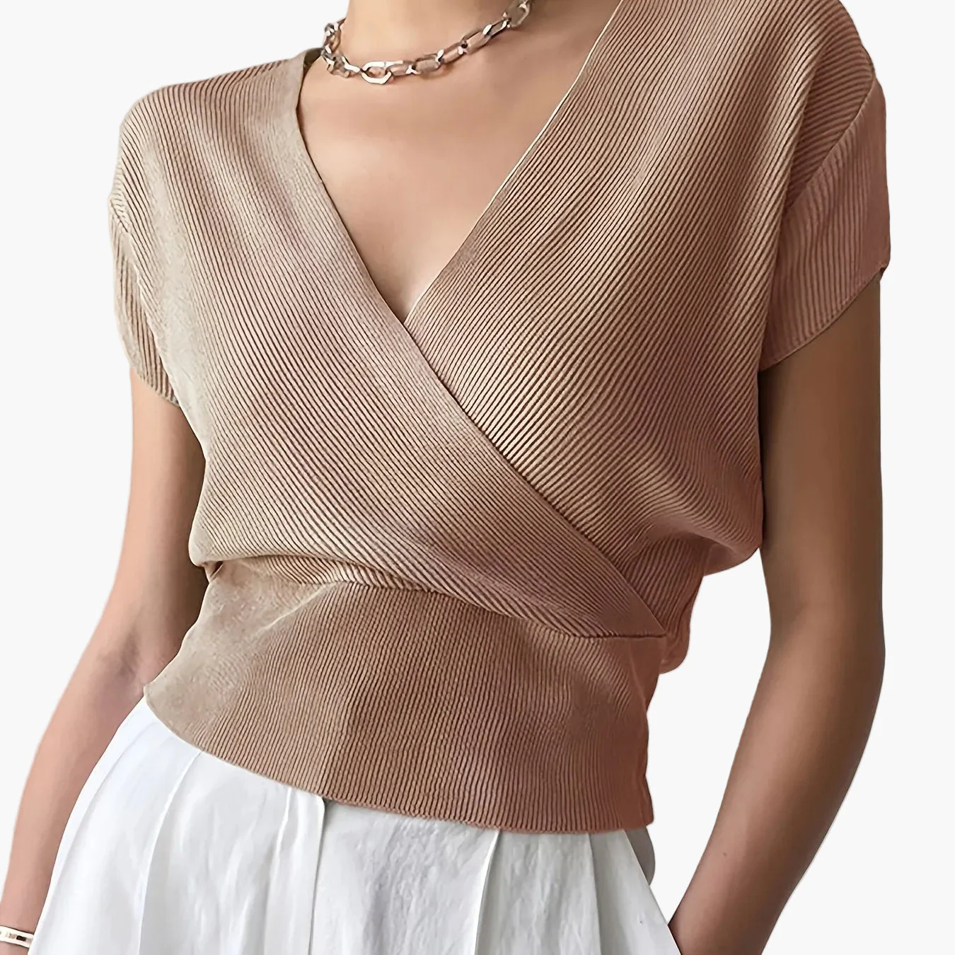 Haut femme style cache-cœur décontracté col en V manches courtes pour tous les jours - Image 18
