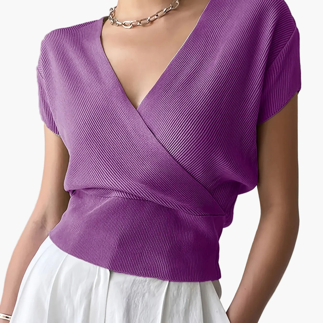 Haut femme style cache-cœur décontracté col en V manches courtes pour tous les jours - Image 19