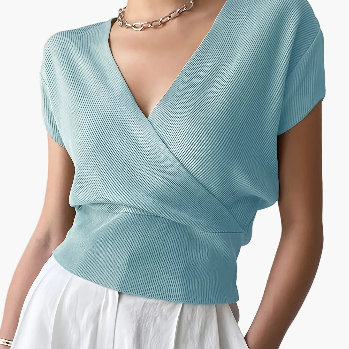 Haut femme style cache-cœur décontracté col en V manches courtes pour tous les jours - Image 20