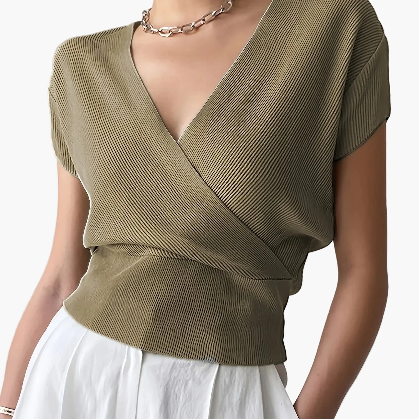Haut femme style cache-cœur décontracté col en V manches courtes pour tous les jours - Image 22
