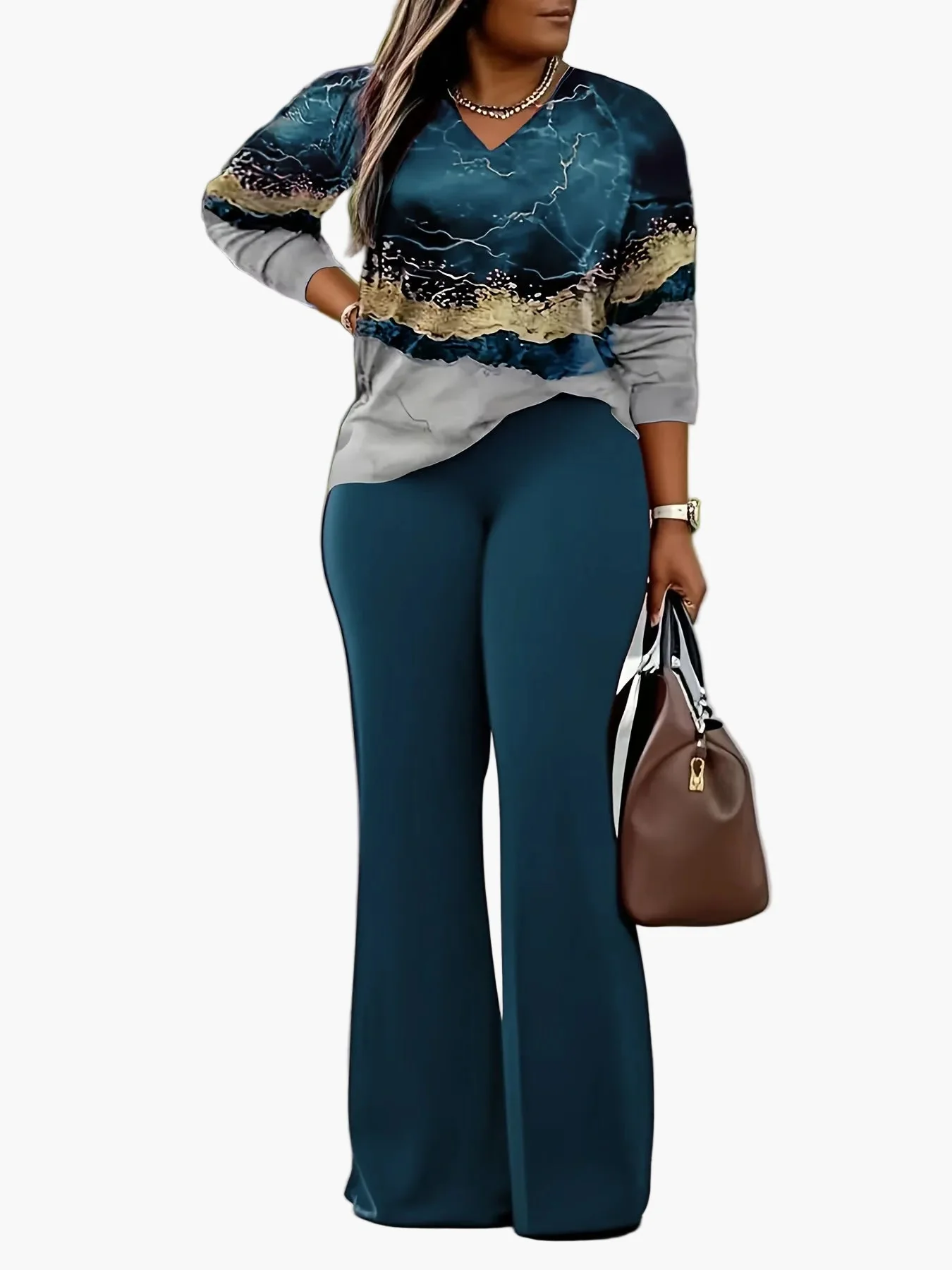 Haut à motif géométrique et pantalon large femme style décontracté pour printemps et été - Image 4
