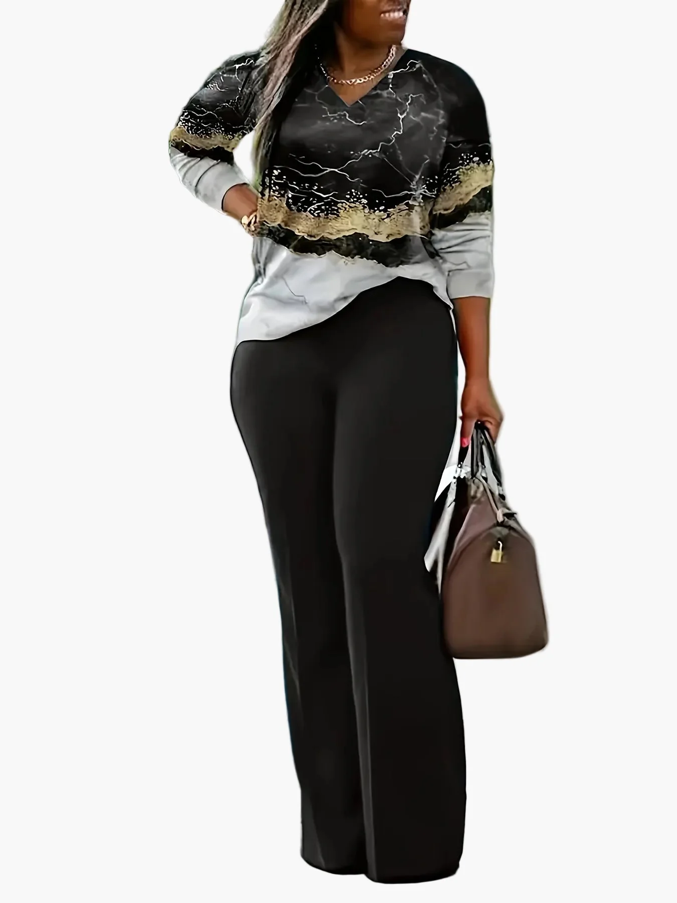 Haut à motif géométrique et pantalon large femme style décontracté pour printemps et été - Image 5