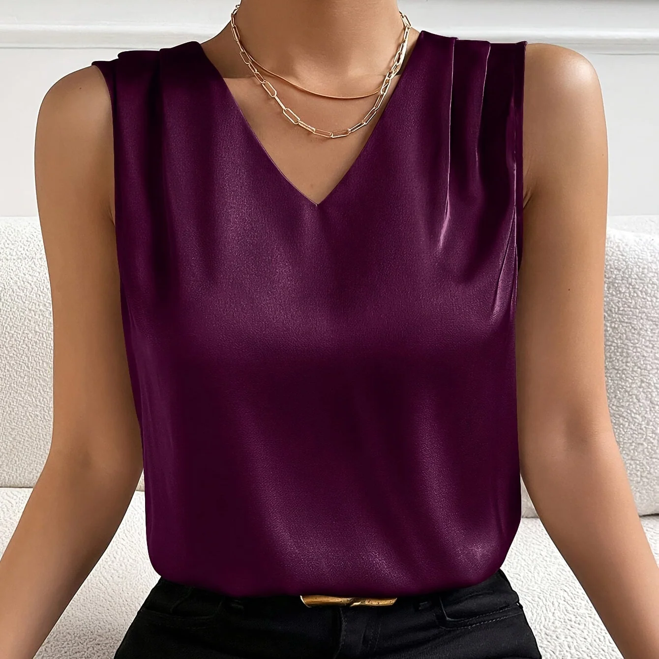 Haut sans manches col en V style élégant pour femme – Top chic usage quotidien ou bureau - Image 3