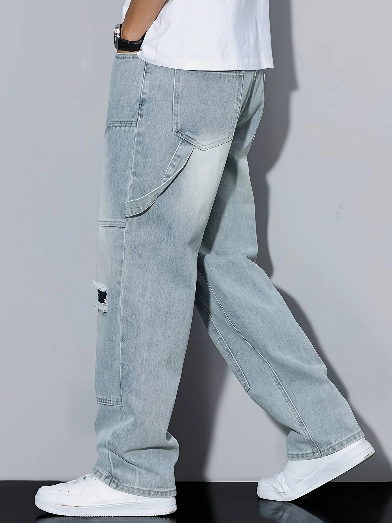 Jean cargo décontracté pour homme à coupe large et détails usés - Style urbain tendance - Image 3