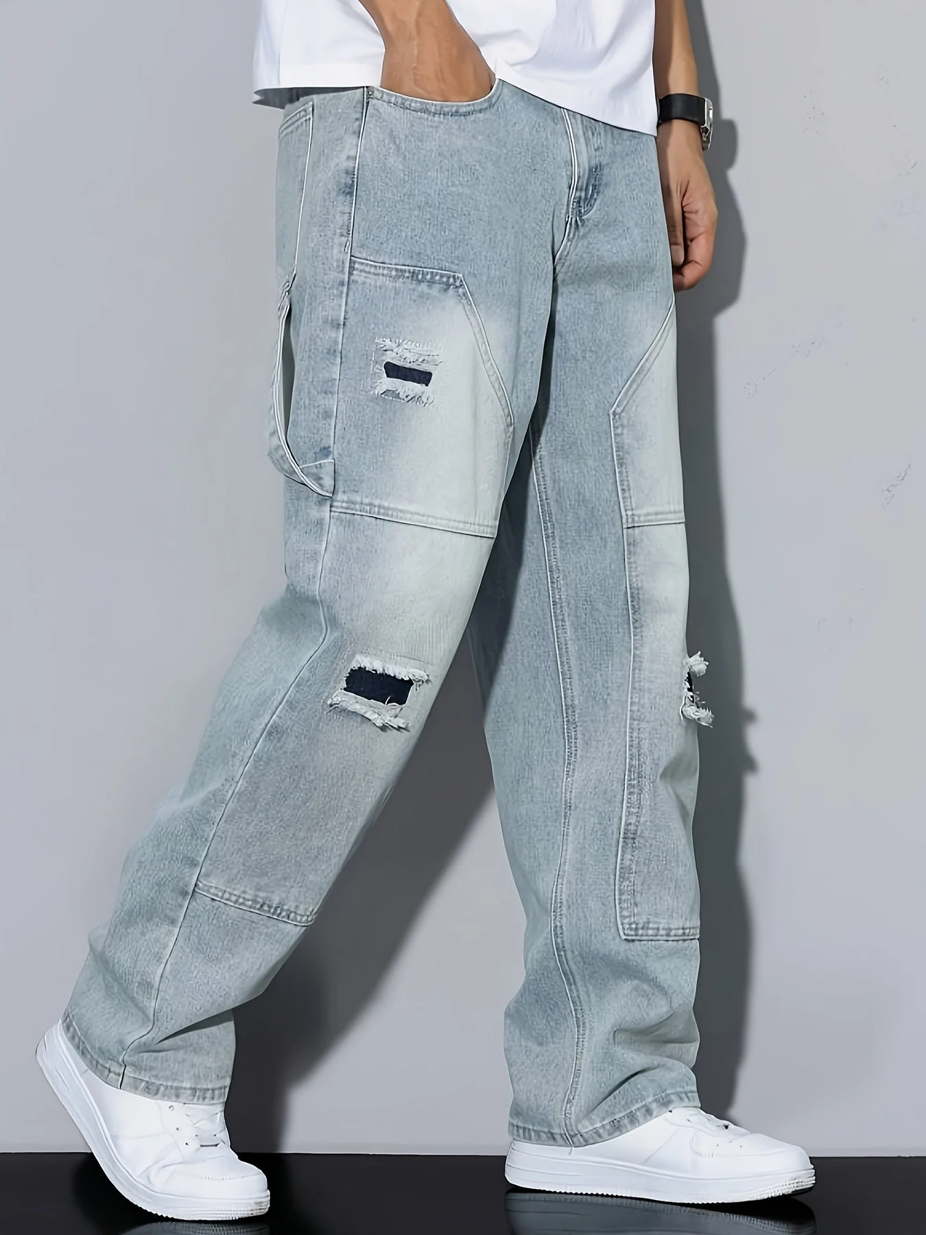 Jean cargo décontracté pour homme à coupe large et détails usés - Style urbain tendance - Image 4