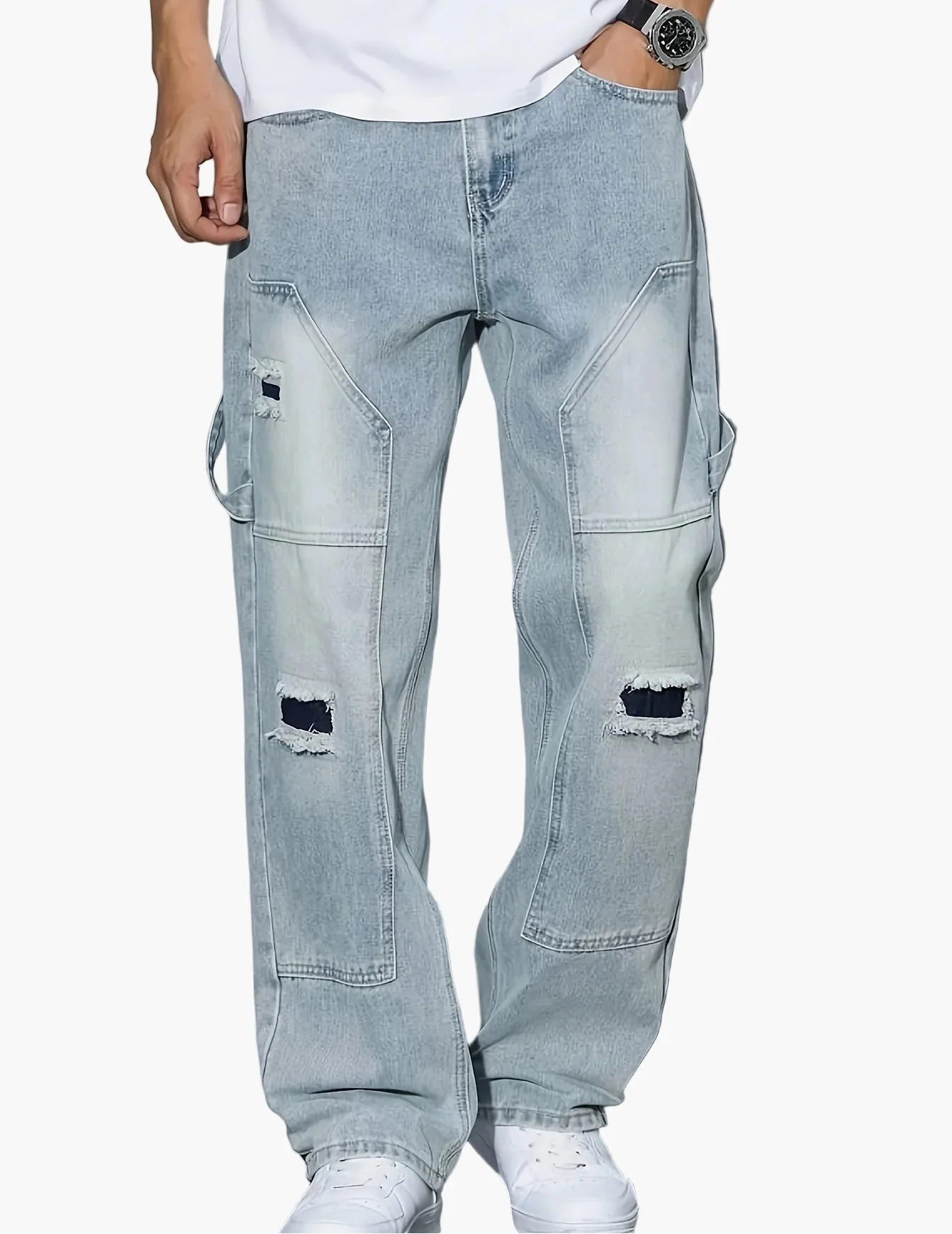 Jean cargo décontracté pour homme à coupe large et détails usés - Style urbain tendance - Image 5