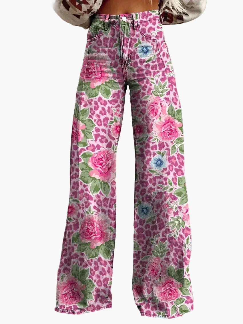 Jean large femme style bohème à imprimé floral, coupe ample, idéal pour un look décontracté et tendance - Image 10