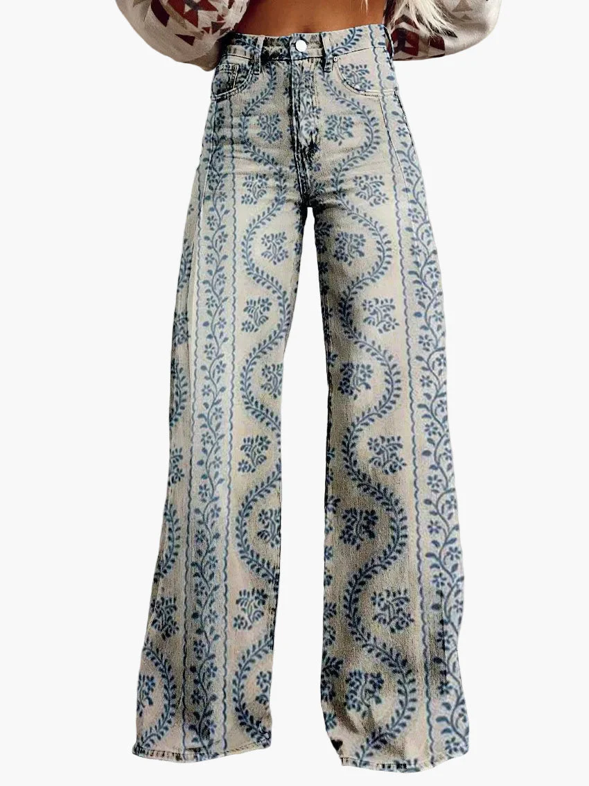 Jean large femme style bohème à imprimé floral, coupe ample, idéal pour un look décontracté et tendance - Image 11