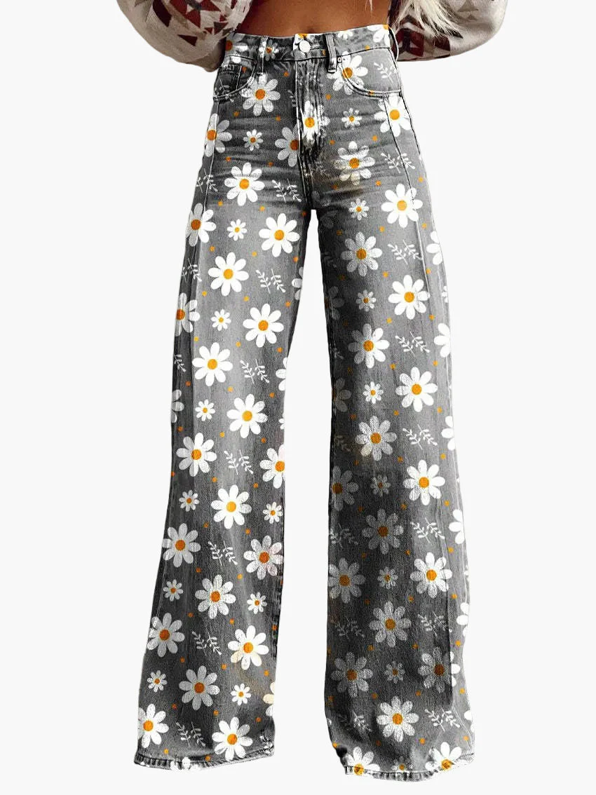 Jean large femme style bohème à imprimé floral, coupe ample, idéal pour un look décontracté et tendance - Image 12