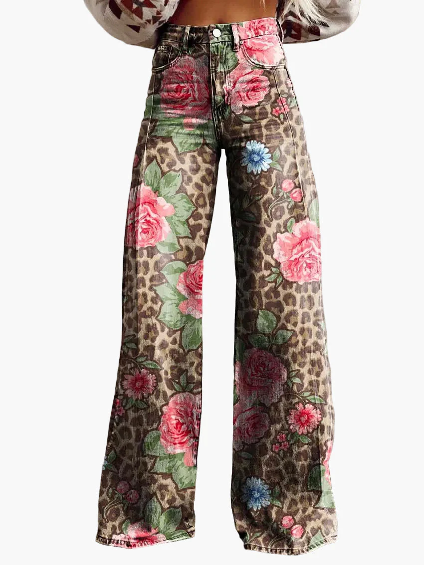 Jean large femme style bohème à imprimé floral, coupe ample, idéal pour un look décontracté et tendance - Image 2