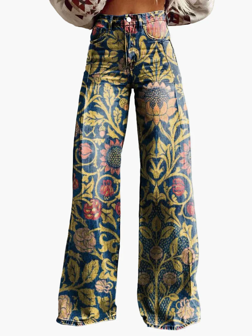 Jean large femme style bohème à imprimé floral, coupe ample, idéal pour un look décontracté et tendance - Image 4