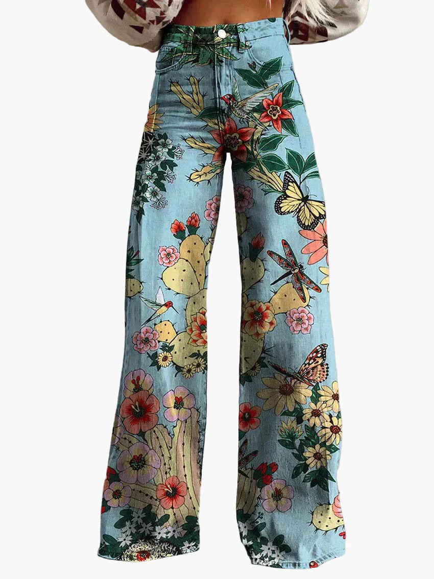 Jean large femme style bohème à imprimé floral, coupe ample, idéal pour un look décontracté et tendance - Image 5