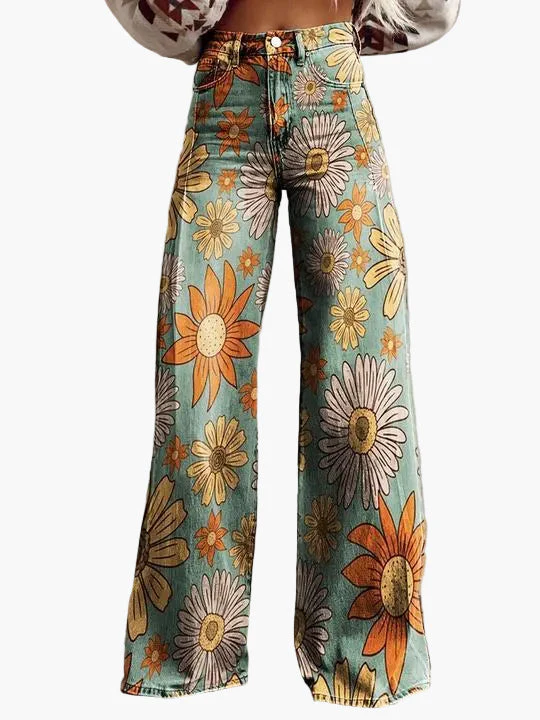 Jean large femme style bohème à imprimé floral, coupe ample, idéal pour un look décontracté et tendance - Image 6