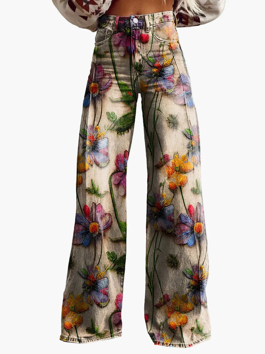 Jean large femme style bohème à imprimé floral, coupe ample, idéal pour un look décontracté et tendance - Image 7