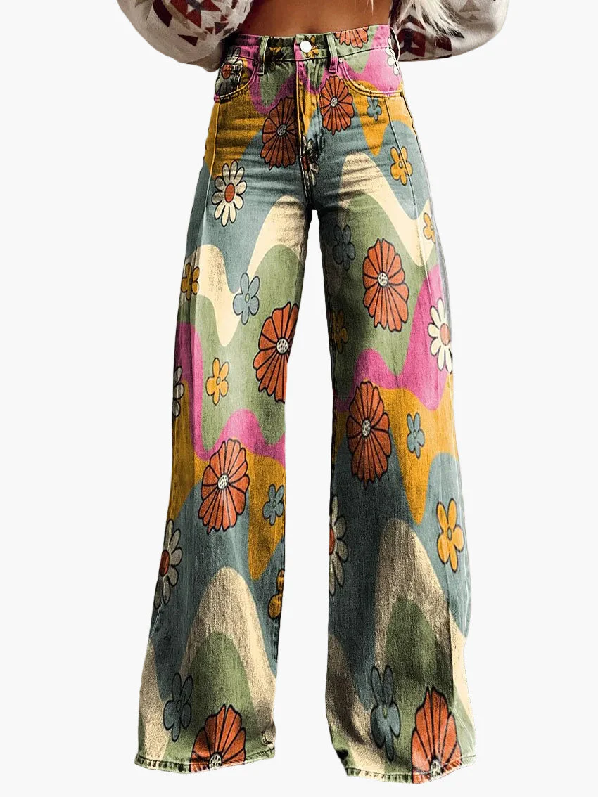 Jean large femme style bohème à imprimé floral, coupe ample, idéal pour un look décontracté et tendance - Image 9