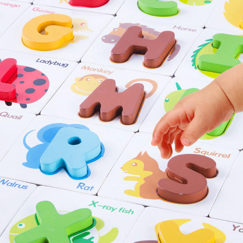 Jeu éducatif en bois lettres alphabet et cartes pour enfants – Puzzle d'apprentissage préscolaire - Image 3