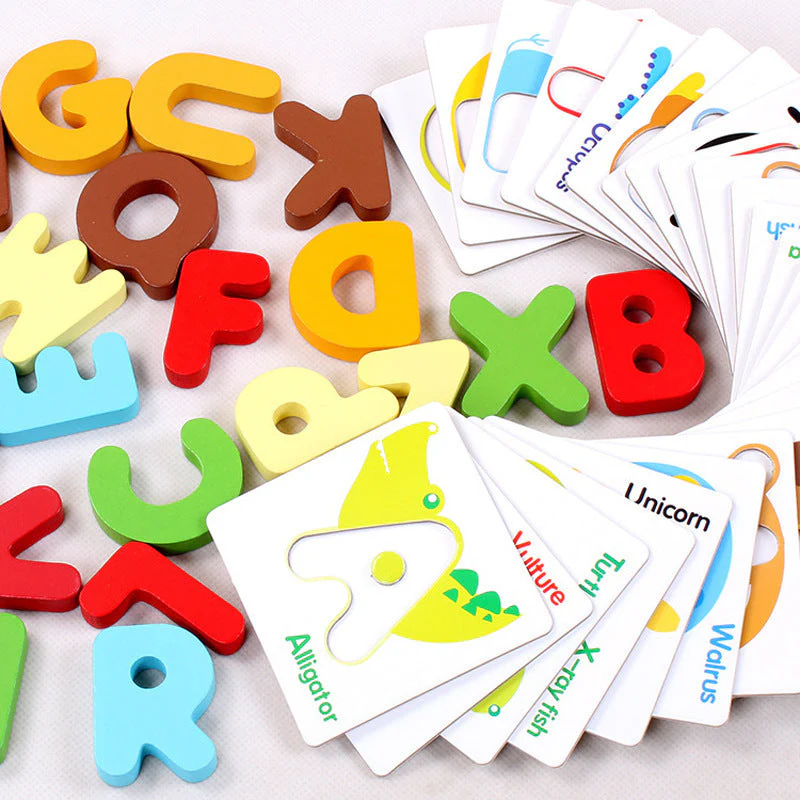 Jeu éducatif en bois lettres alphabet et cartes pour enfants – Puzzle d'apprentissage préscolaire - Image 5
