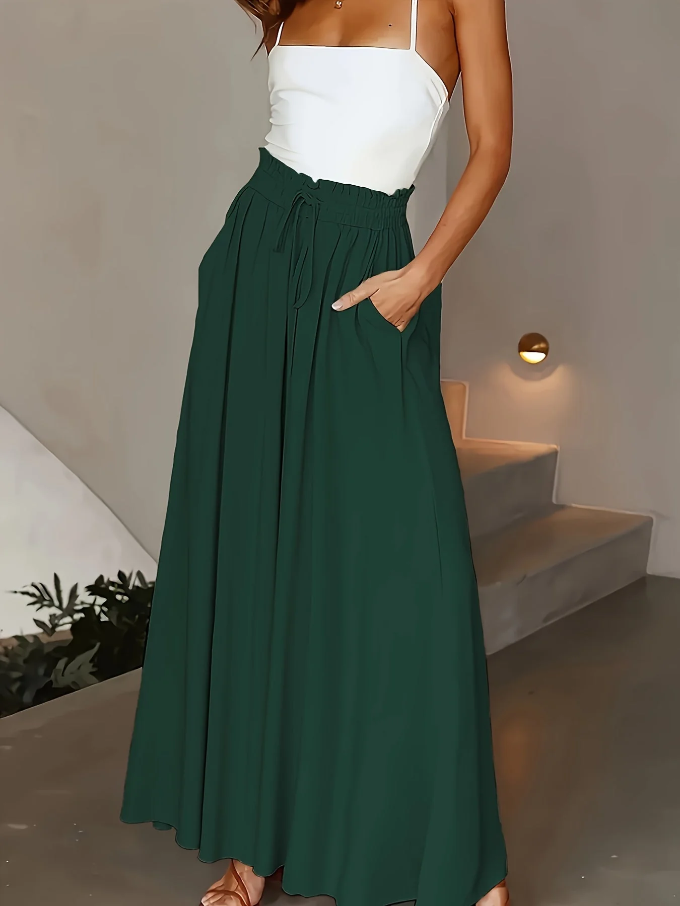 Jupe longue large taille haute avec poches pour femme – Style décontracté chic printemps/été - Image 4