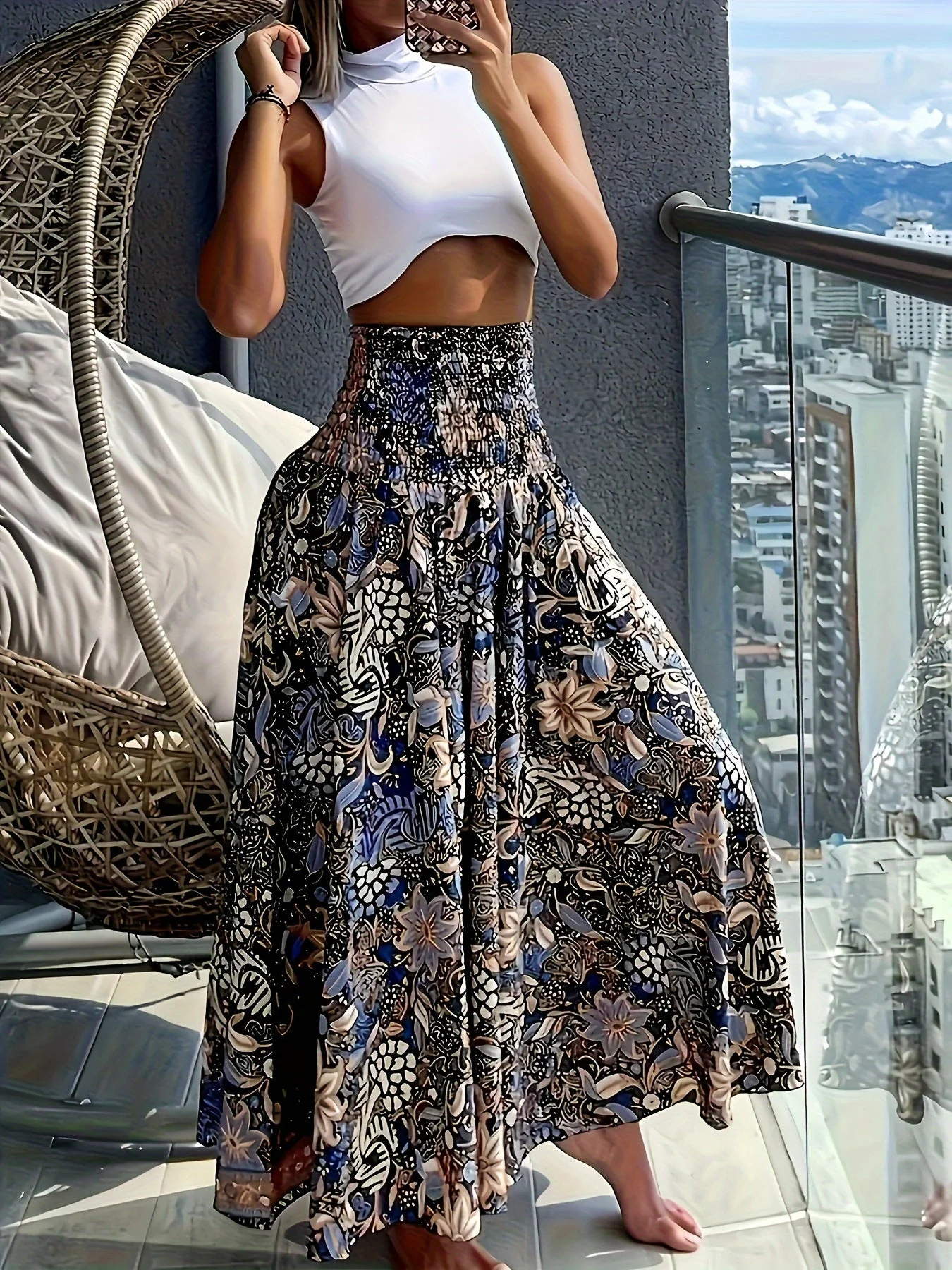 Jupe longue taille haute bohème femme à motifs tropicaux pour l'été - Image 10