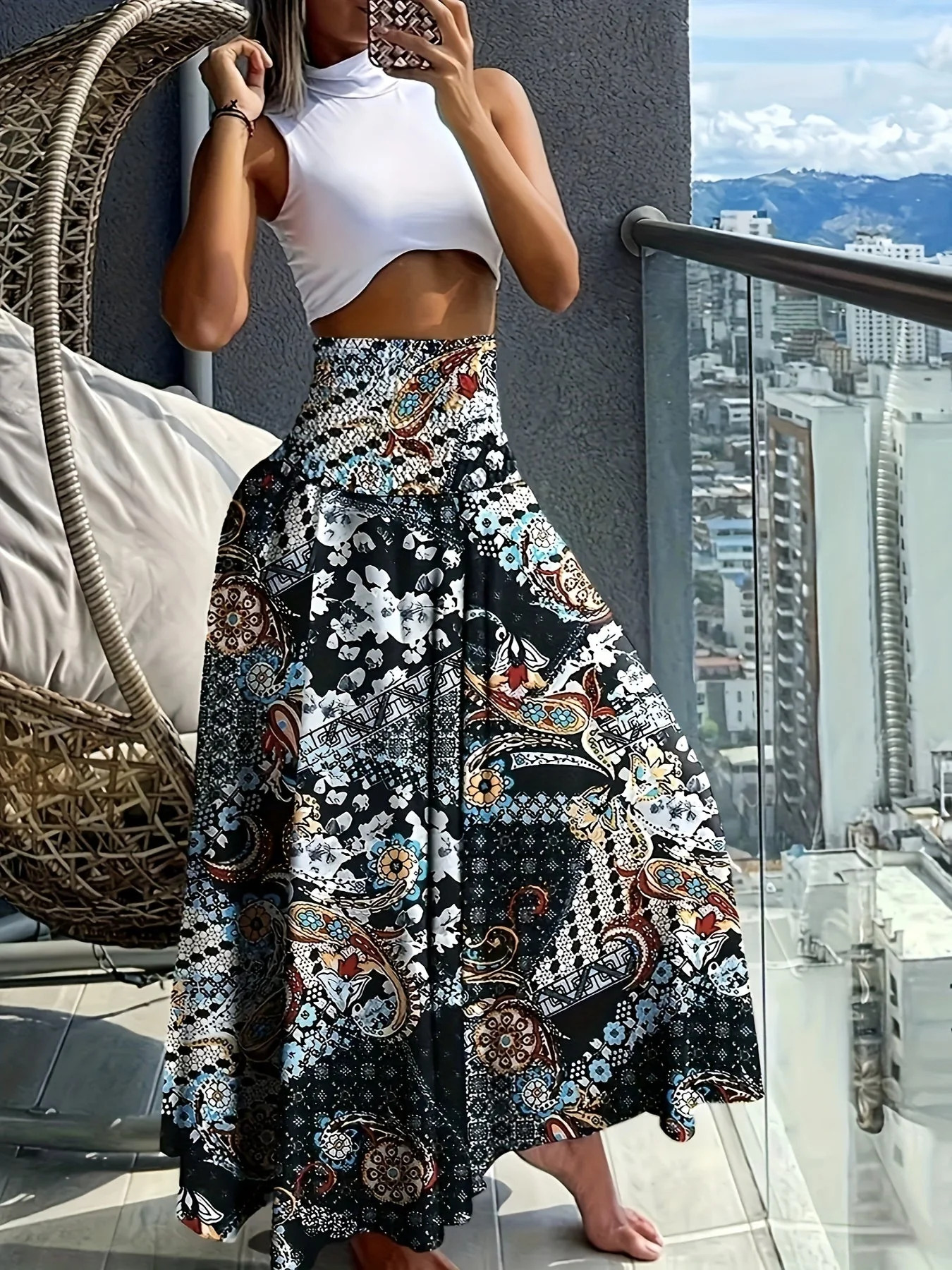Jupe longue taille haute bohème femme à motifs tropicaux pour l'été - Image 2