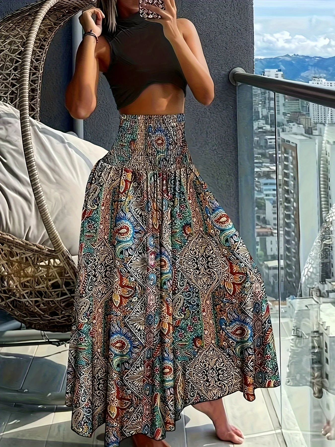 Jupe longue taille haute bohème femme à motifs tropicaux pour l'été - Image 3