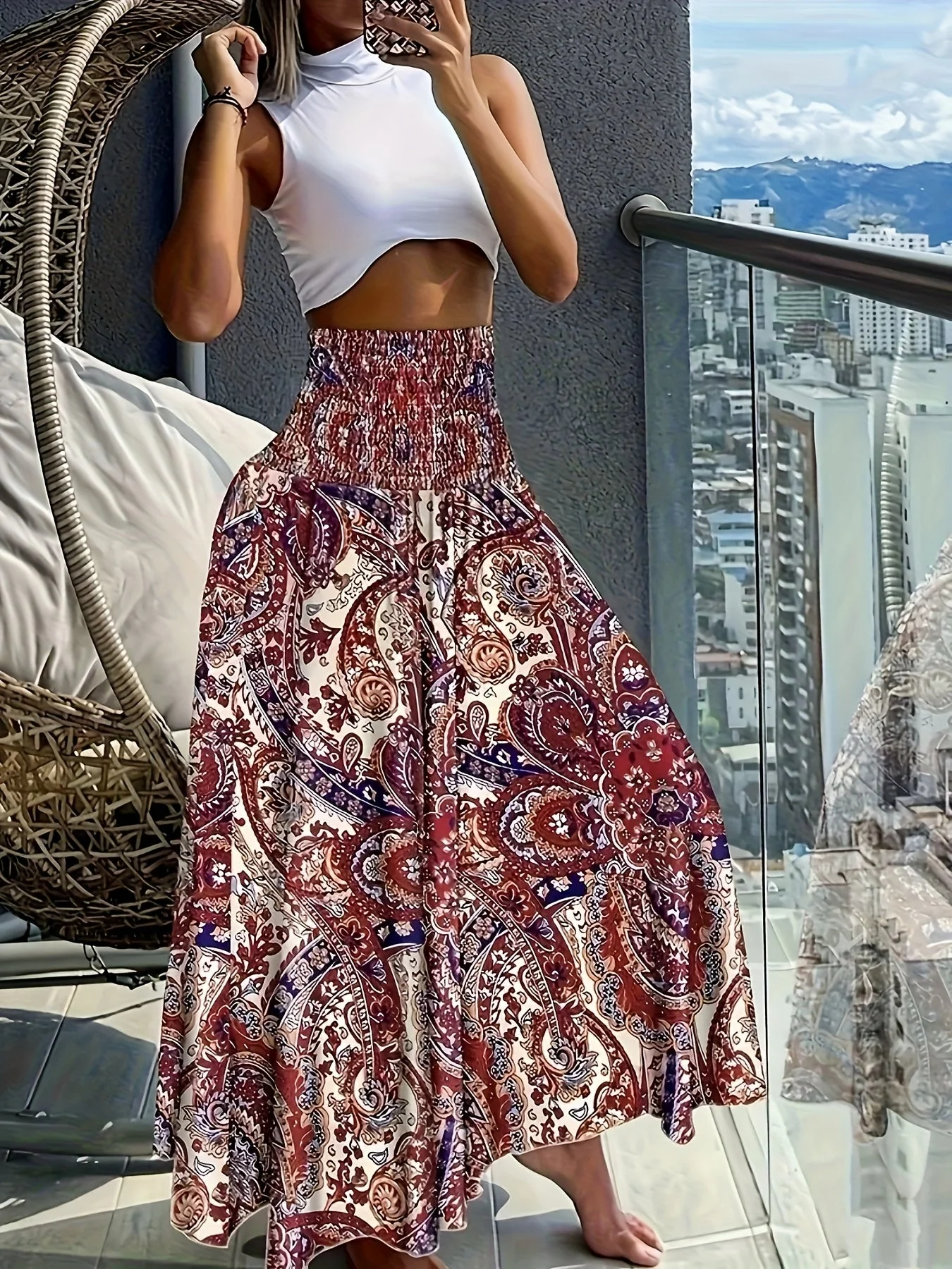 Jupe longue taille haute bohème femme à motifs tropicaux pour l'été - Image 4