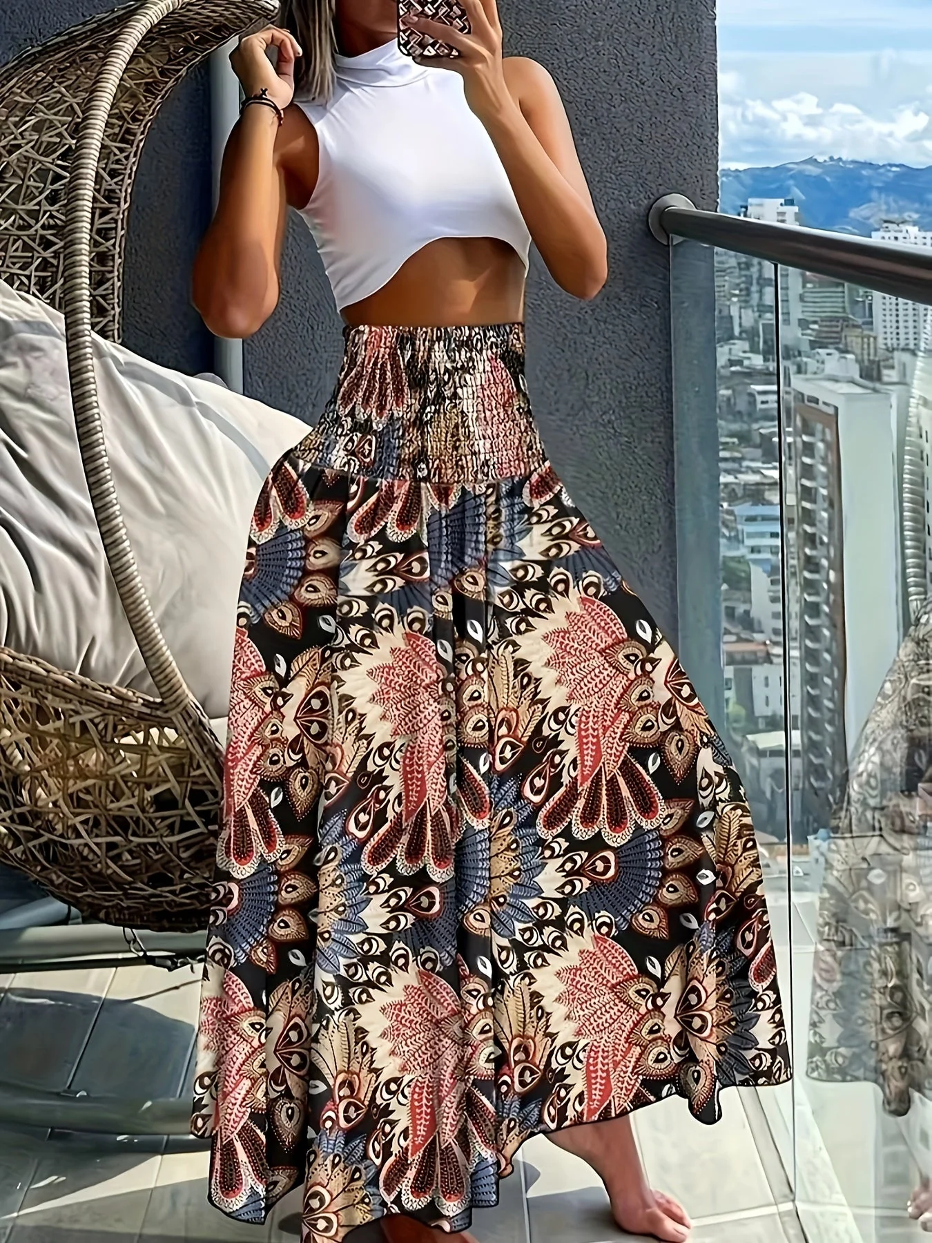 Jupe longue taille haute bohème femme à motifs tropicaux pour l'été - Image 5