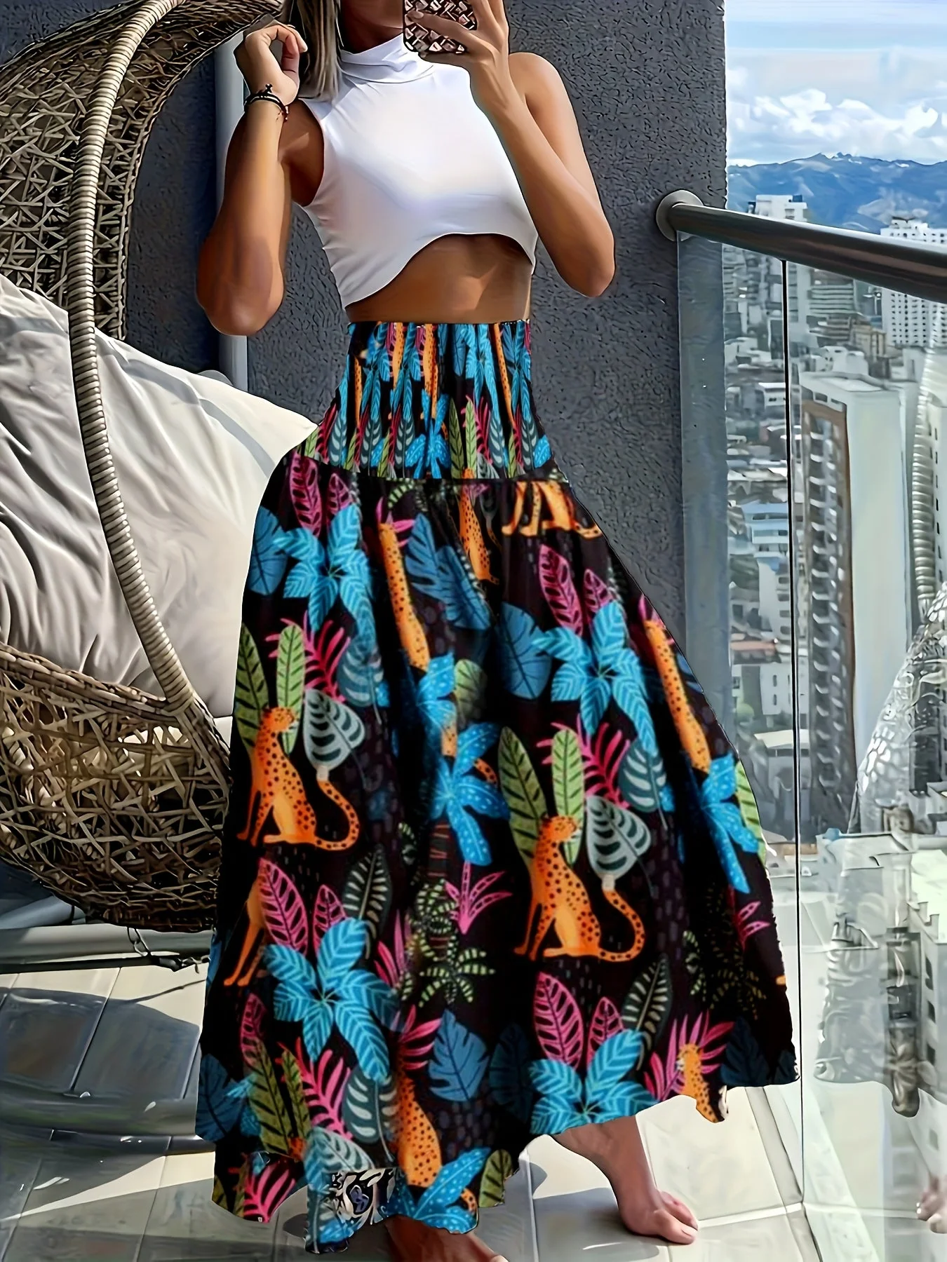 Jupe longue taille haute bohème femme à motifs tropicaux pour l'été - Image 7