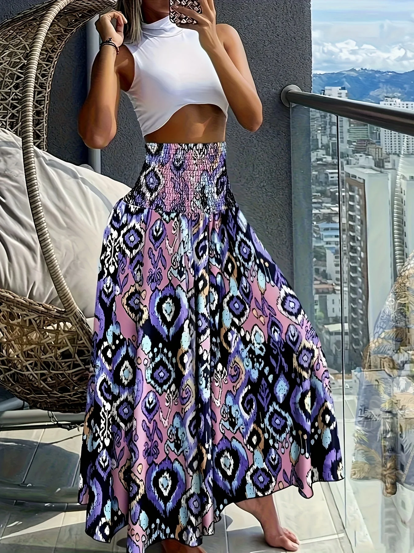 Jupe longue taille haute bohème femme à motifs tropicaux pour l'été - Image 8