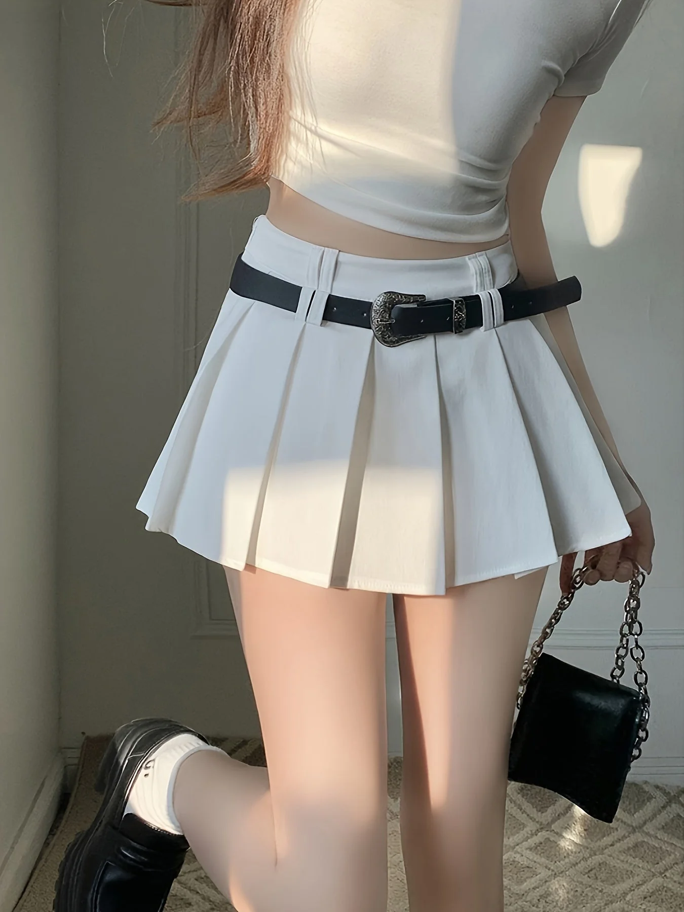 Jupe plissée taille haute style sexy pour femme, avec ceinture, idéale pour un look moderne - Image 3