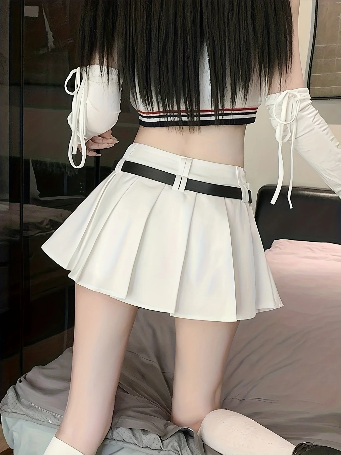 Jupe plissée taille haute style sexy pour femme, avec ceinture, idéale pour un look moderne - Image 5