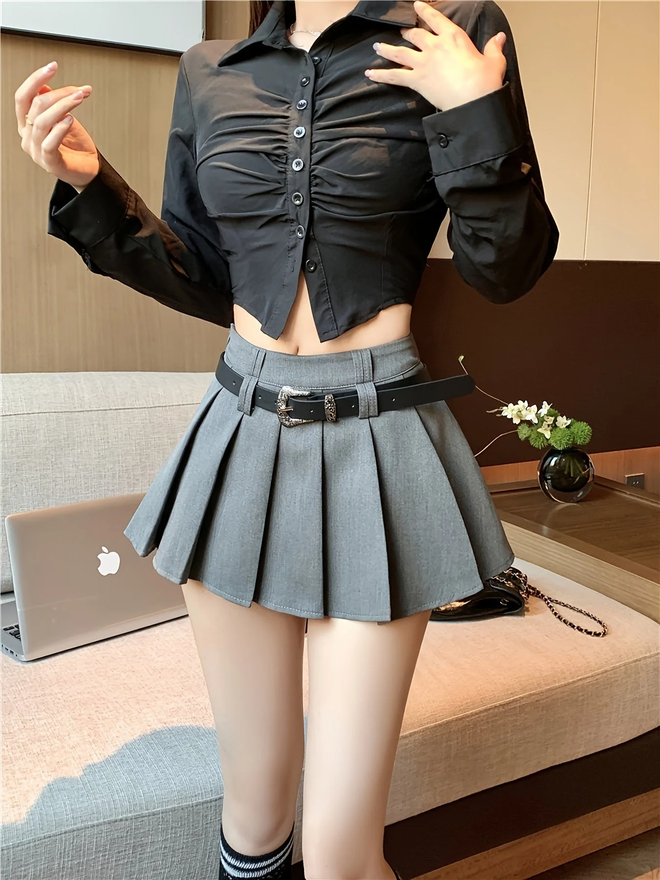 Jupe plissée taille haute style sexy pour femme, avec ceinture, idéale pour un look moderne - Image 9