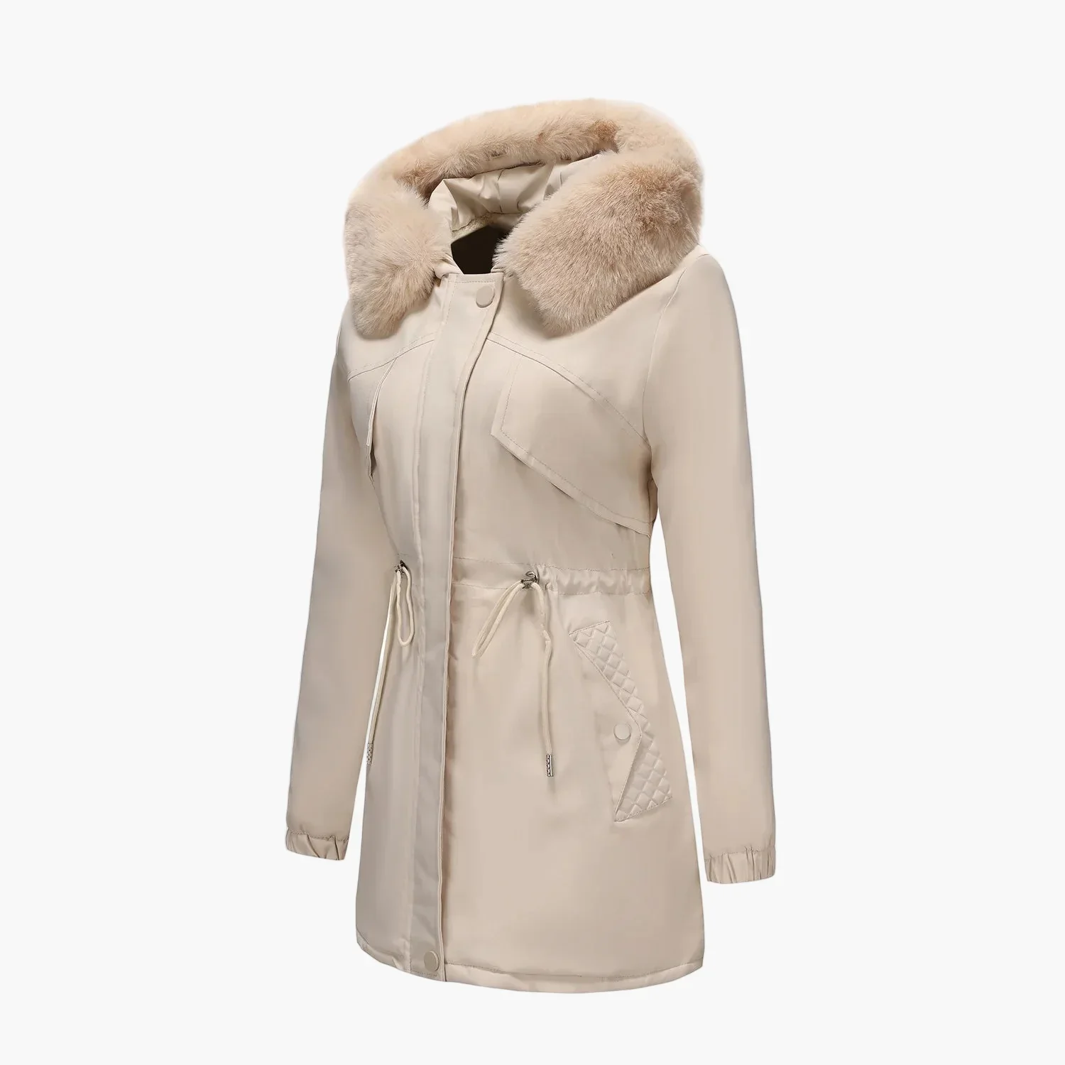 Manteau d'hiver à capuche pour femme, style élégant avec col en fausse fourrure - Image 2