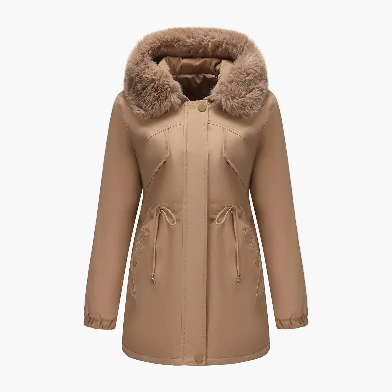Manteau d'hiver à capuche pour femme, style élégant avec col en fausse fourrure - Image 9