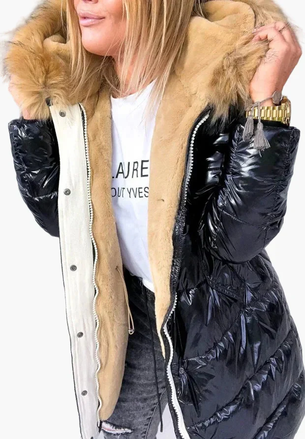 Manteau d'hiver épais style européen et américain pour femme – Capuche à fourrure, coupe longue, look moderne - Image 2