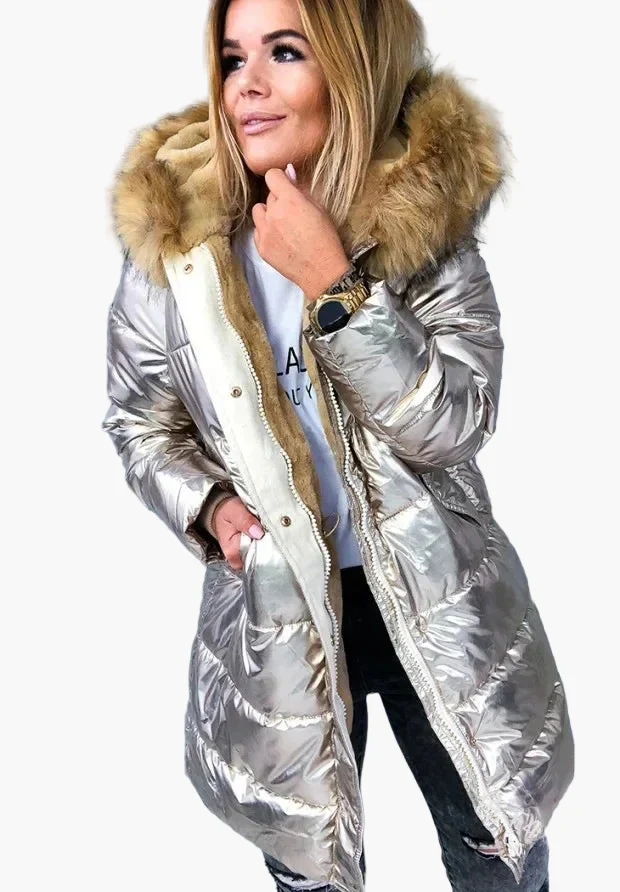 Manteau d'hiver épais style européen et américain pour femme – Capuche à fourrure, coupe longue, look moderne - Image 4