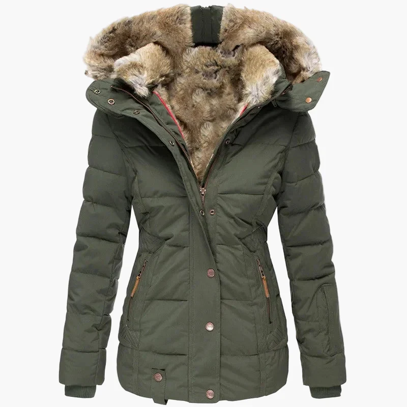 Manteau d'hiver femme à capuche style urbain élégant, coupe cintrée, col fourrure et fermeture zippée - Image 10