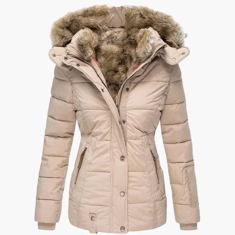 Manteau d'hiver femme à capuche style urbain élégant, coupe cintrée, col fourrure et fermeture zippée - Image 11