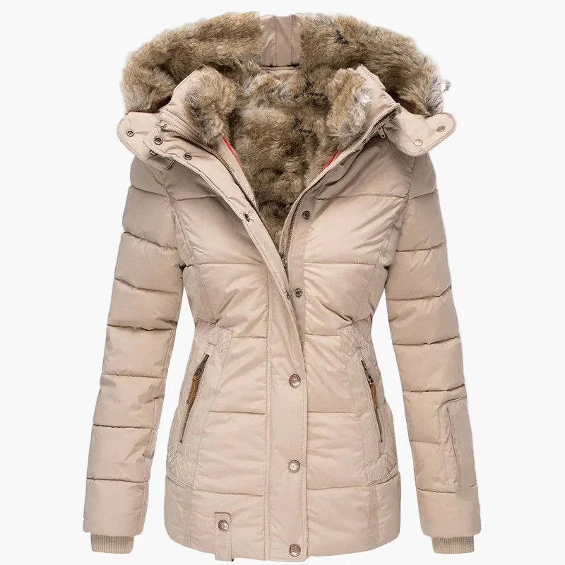 Manteau d'hiver femme à capuche style urbain élégant, coupe cintrée, col fourrure et fermeture zippée - Image 2